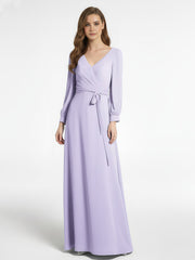 V-neck Bishop Sleeves Chiffon Dress with Bow-Lilac