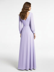 V-neck Bishop Sleeves Chiffon Dress with Bow-Lilac