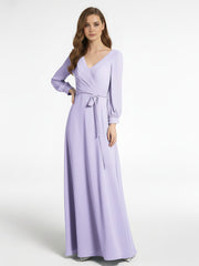 V-neck Bishop Sleeves Chiffon Dress with Bow-Lilac