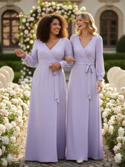 V-neck Bishop Sleeves Chiffon Dress with Bow-Lilac