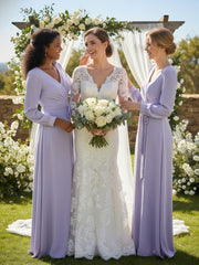 V-neck Bishop Sleeves Chiffon Dress with Bow-Lilac