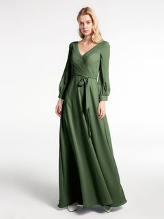 V-neck Bishop Sleeves Chiffon Dress with Bow-Olive Green