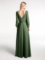 V-neck Bishop Sleeves Chiffon Dress with Bow-Olive Green Plus Size