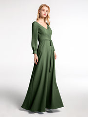 V-neck Bishop Sleeves Chiffon Dress with Bow-Olive Green Plus Size
