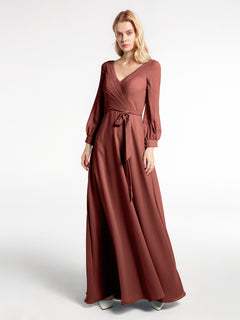 V-neck Bishop Sleeves Chiffon Dress with Bow-Terracotta