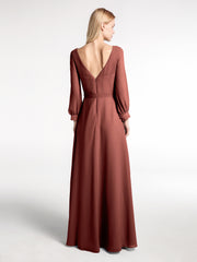 V-neck Bishop Sleeves Chiffon Dress with Bow-Terracotta