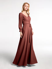 V-neck Bishop Sleeves Chiffon Dress with Bow-Terracotta Plus Size