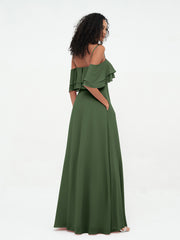 Off-the-Shoulder Spaghetti Straps Max Dresses-Olive Green