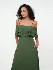 Off-the-Shoulder Spaghetti Straps Max Dresses-Olive Green