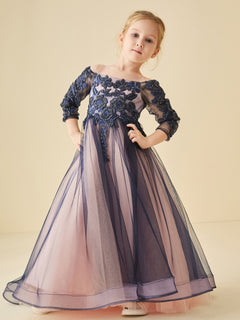 3/4-Length Sleeves Beaded Tulle Flower Girl Dress