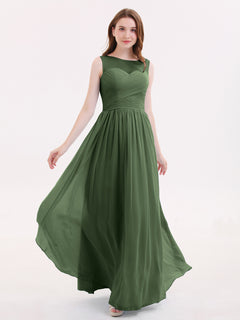 Long Chiffon Gowns with Illusion Neckline-Olive Green