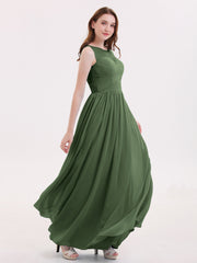 Long Chiffon Gowns with Illusion Neckline-Olive Green Plus Size