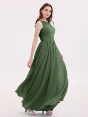 Long Chiffon Gowns with Illusion Neckline-Olive Green