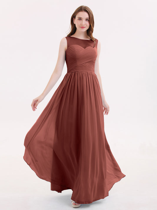 Long Chiffon Gowns with Illusion Neckline-Terracotta