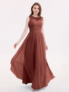 Long Chiffon Gowns with Illusion Neckline-Terracotta Plus Size