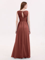 Long Chiffon Gowns with Illusion Neckline-Terracotta Plus Size