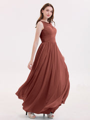 Long Chiffon Gowns with Illusion Neckline-Terracotta