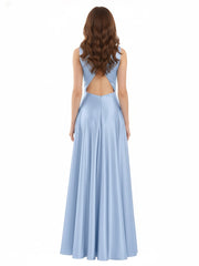 Open Back Long Satin Gown with V-neck-Sky Blue