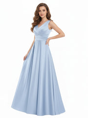 Open Back Long Satin Gown with V-neck-Sky Blue