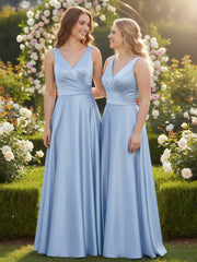Open Back Long Satin Gown with V-neck-Sky Blue
