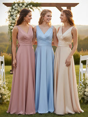Open Back Long Satin Gown with V-neck-Sky Blue