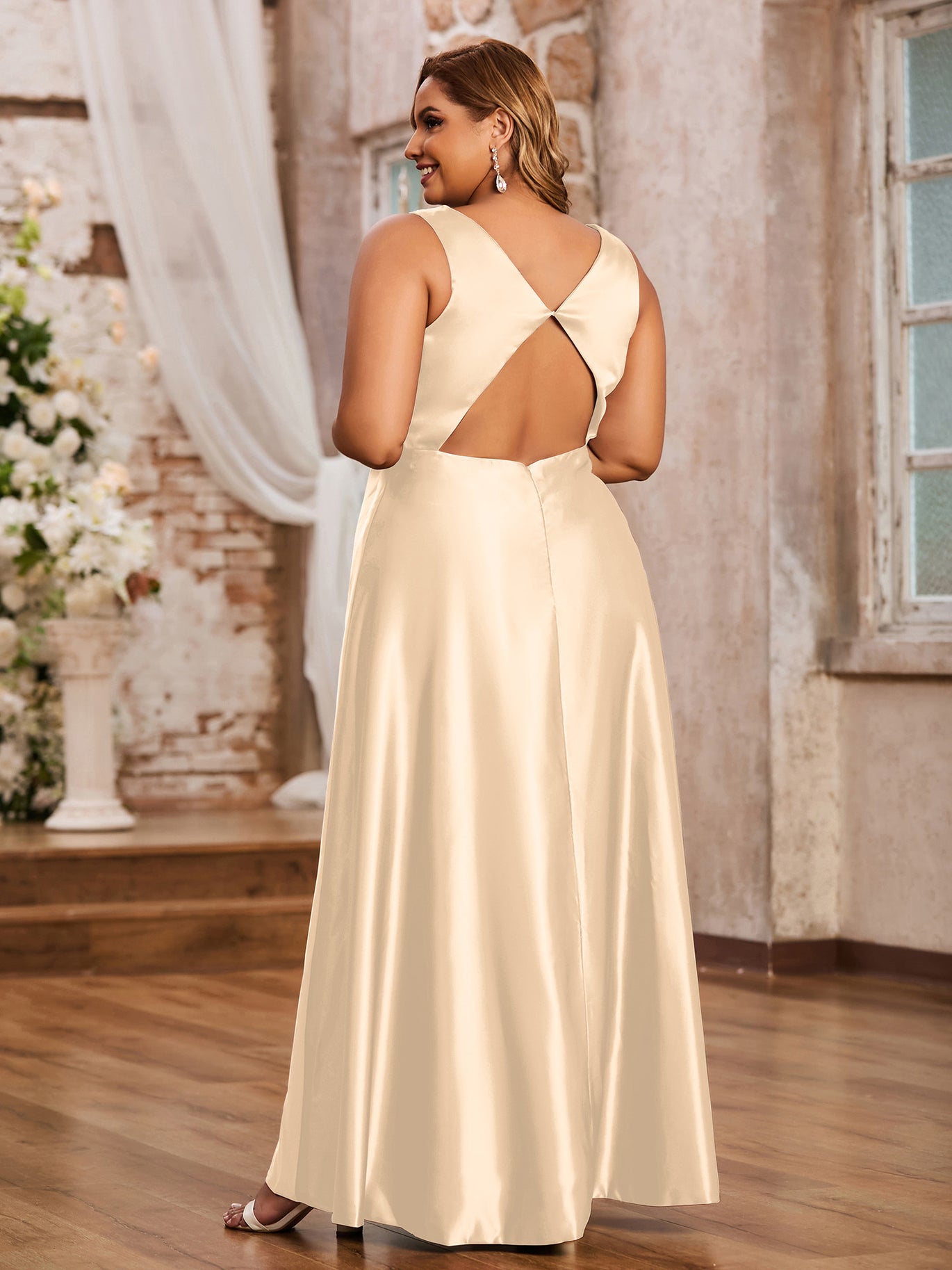 blue dress for baby girl Champagne Satin A-Line Bridesmaid Dresses with Double-Banded Waistline –  WonderlandByLilian main image 0