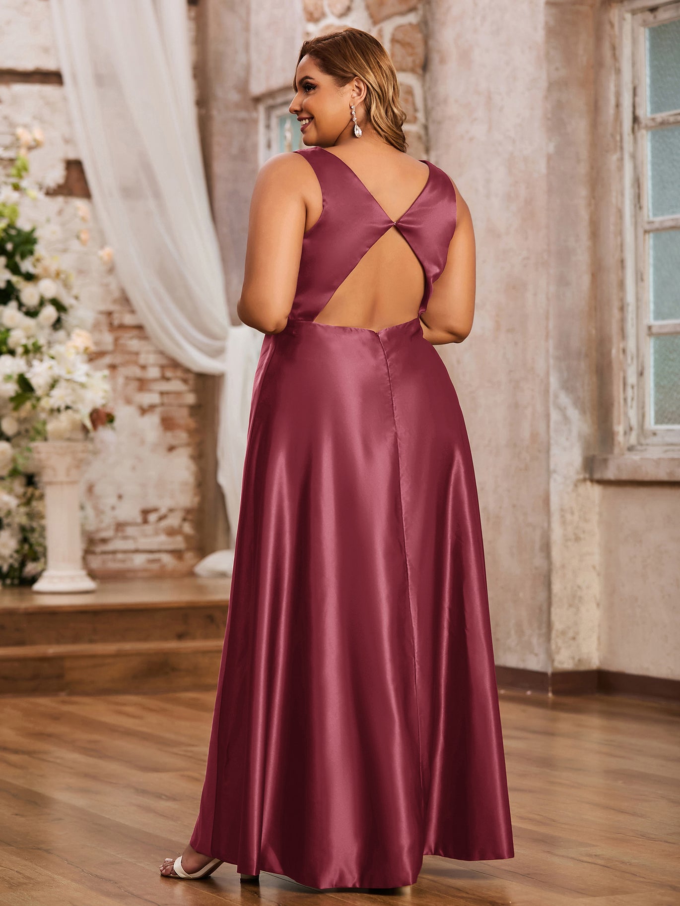 Open Back Long Satin Gown with V-neck-Cinnamon Rose Plus Size