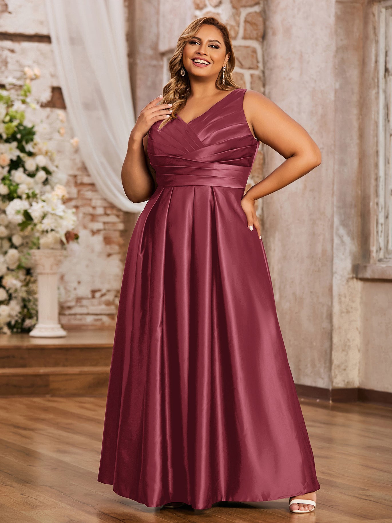 Open Back Long Satin Gown with V-neck-Cinnamon Rose Plus Size