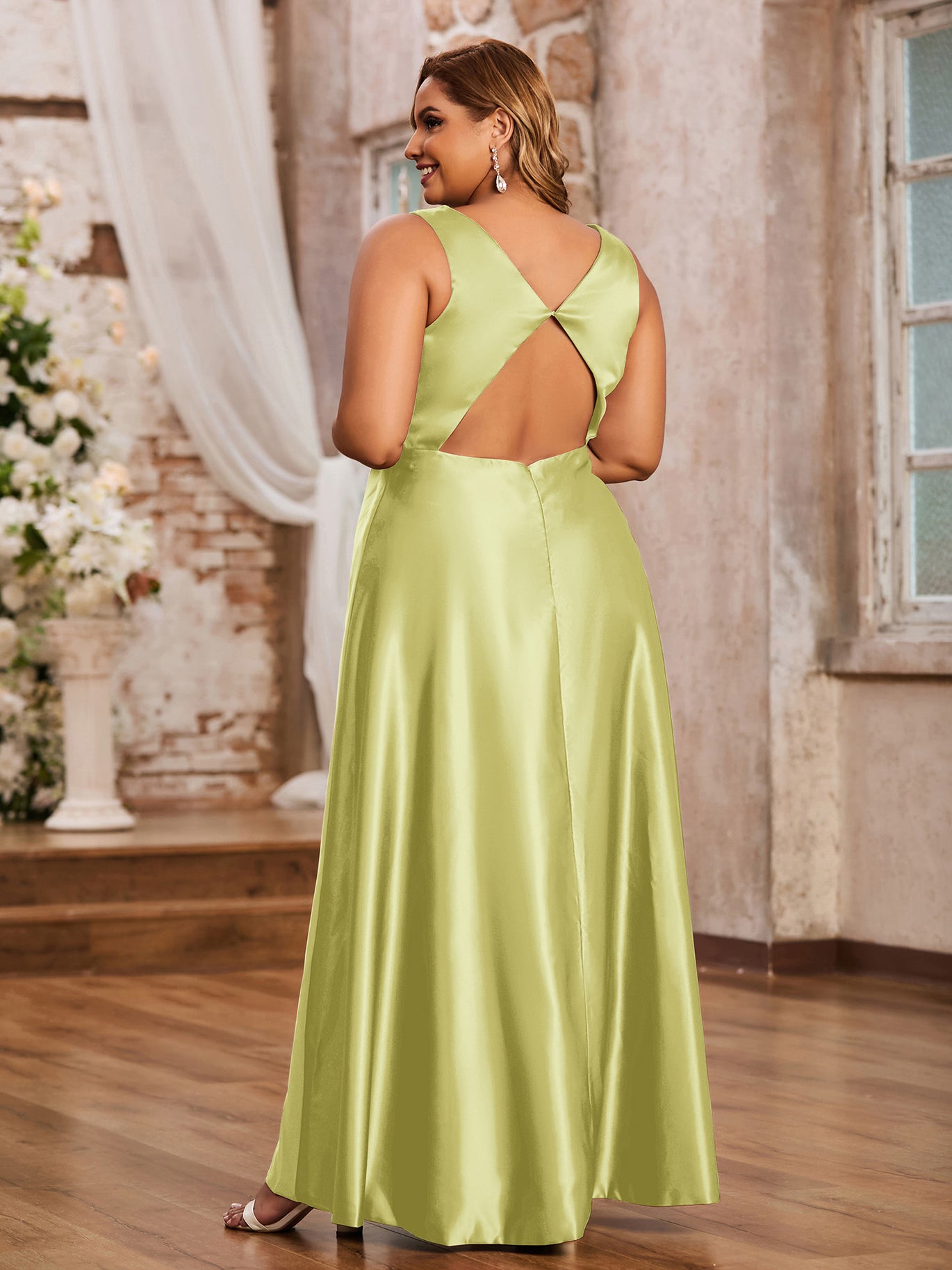 Open Back Long Satin Gown with V-neck-Daffodil Plus Size