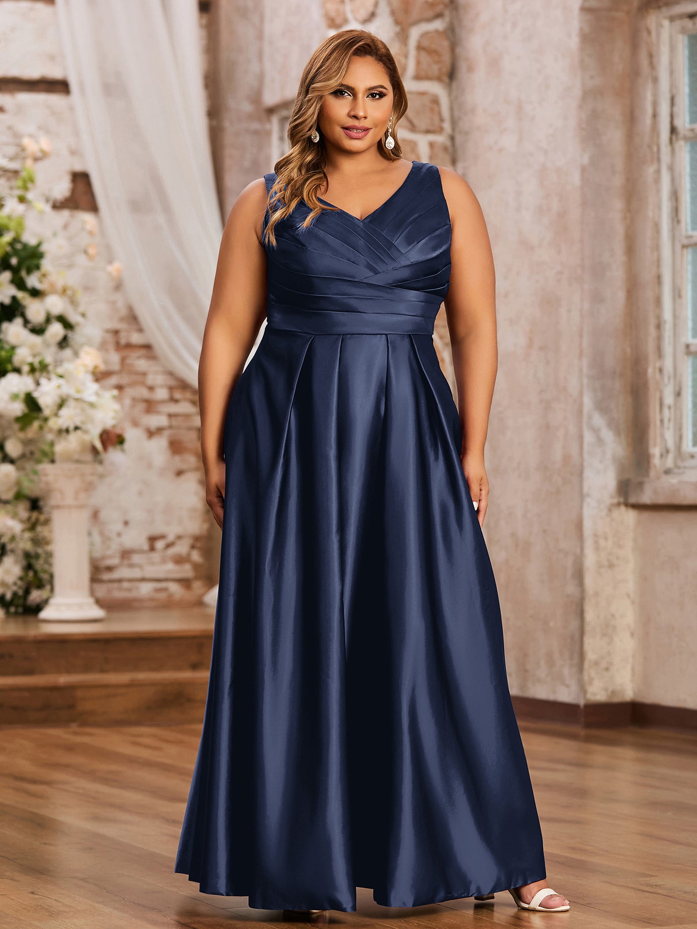 Open Back Long Satin Gown with V-neck-Dark Navy Plus Size - Dark Navy / US20 Open Back Long Satin Gown with V-neck-Dark Navy Plus Size - Dark Navy / US20