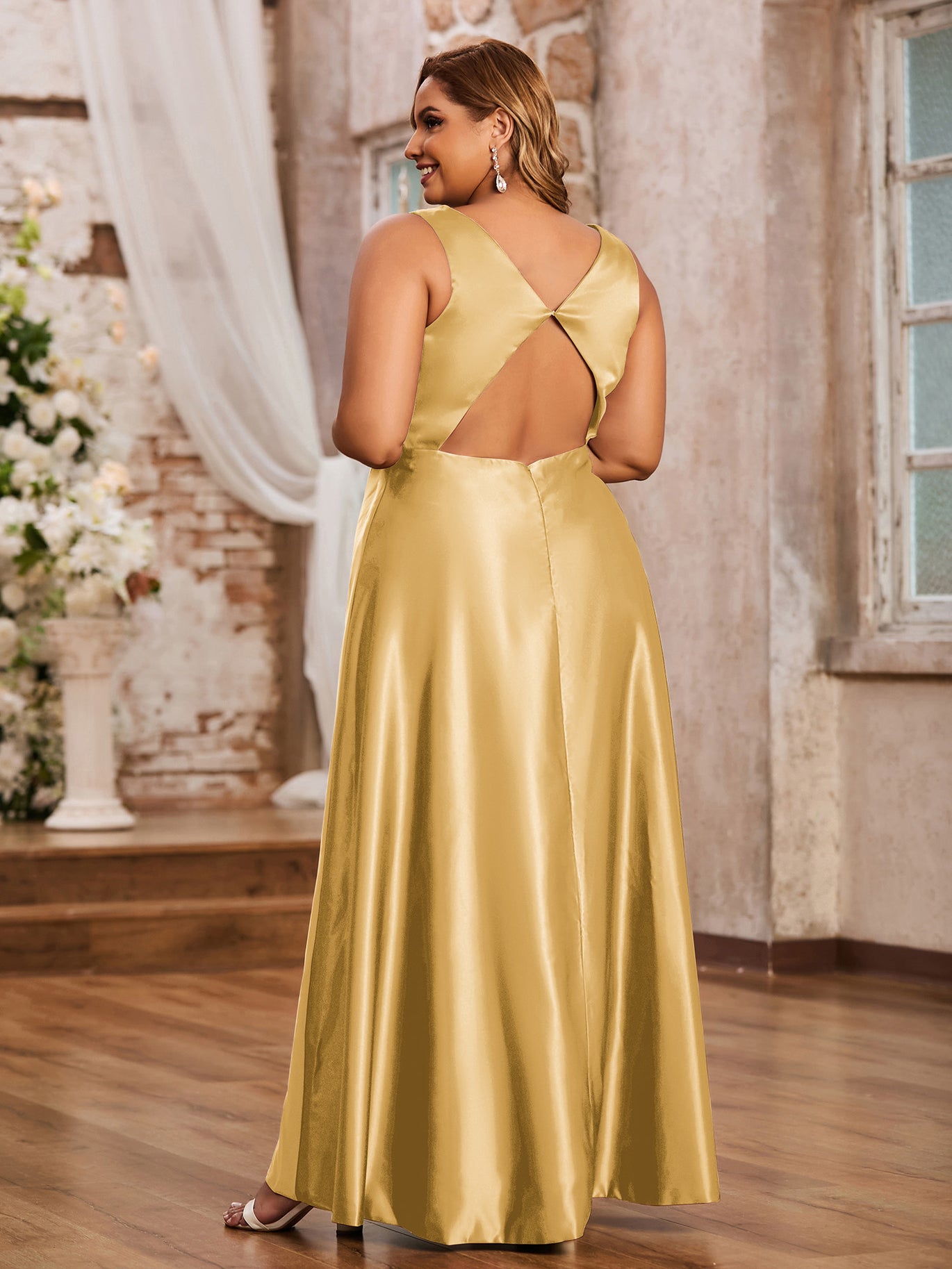 BABARONI Satin Gold Bridesmaid Dresses V-neck Floor-length Backless Sleeveless Ruffle A-line BABARONI Satin Gold Bridesmaid Dresses V-neck Floor-length Backless Sleeveless Ruffle A-line