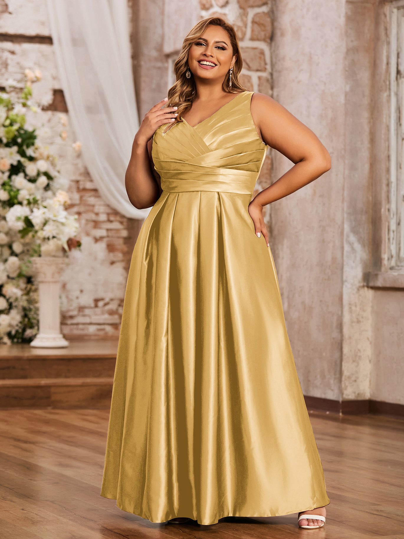 BABARONI Satin Gold Bridesmaid Dresses V-neck Floor-length Backless  Sleeveless Ruffle A-line