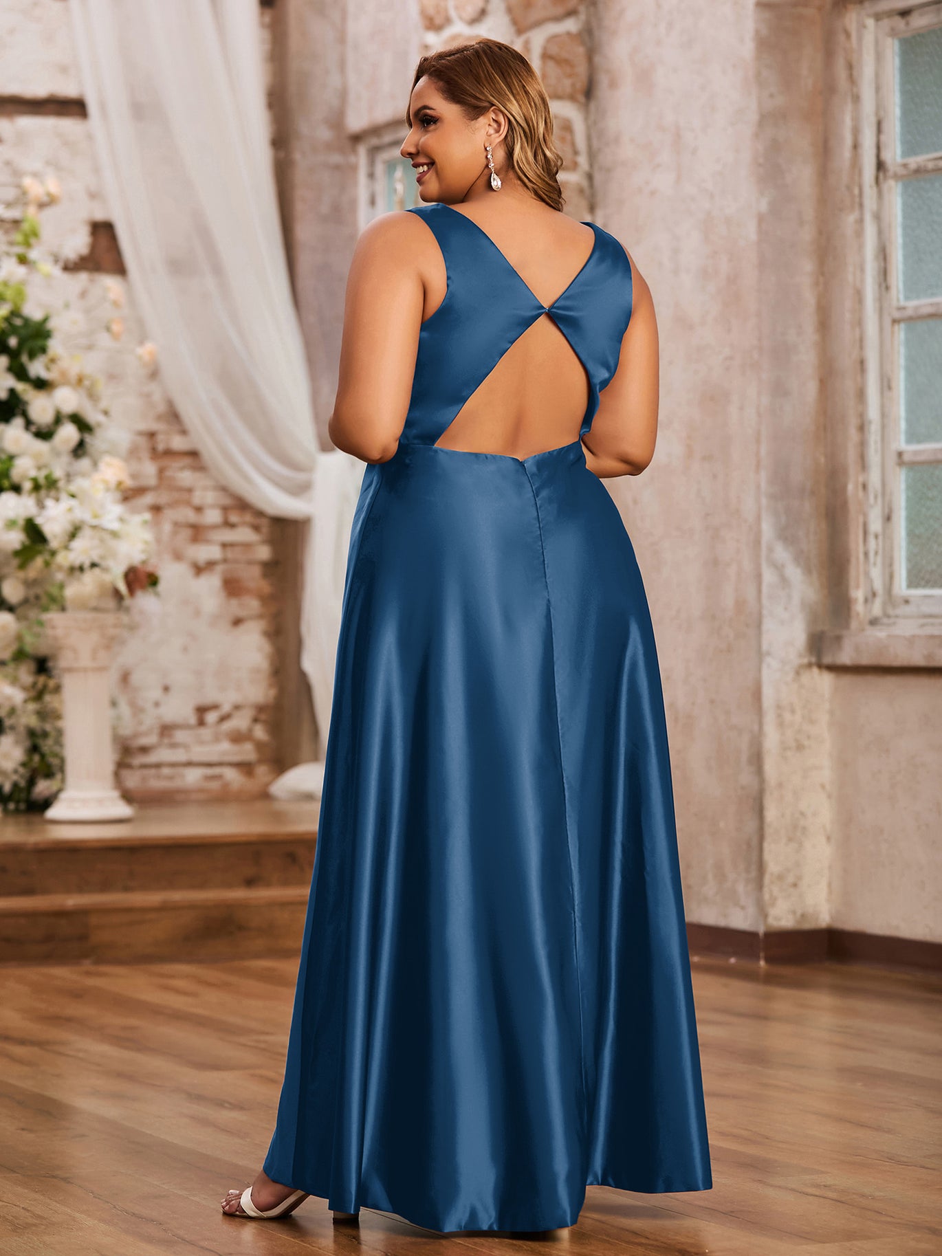 Open Back Long Satin Gown with V-neck-Ink Blue Plus Size