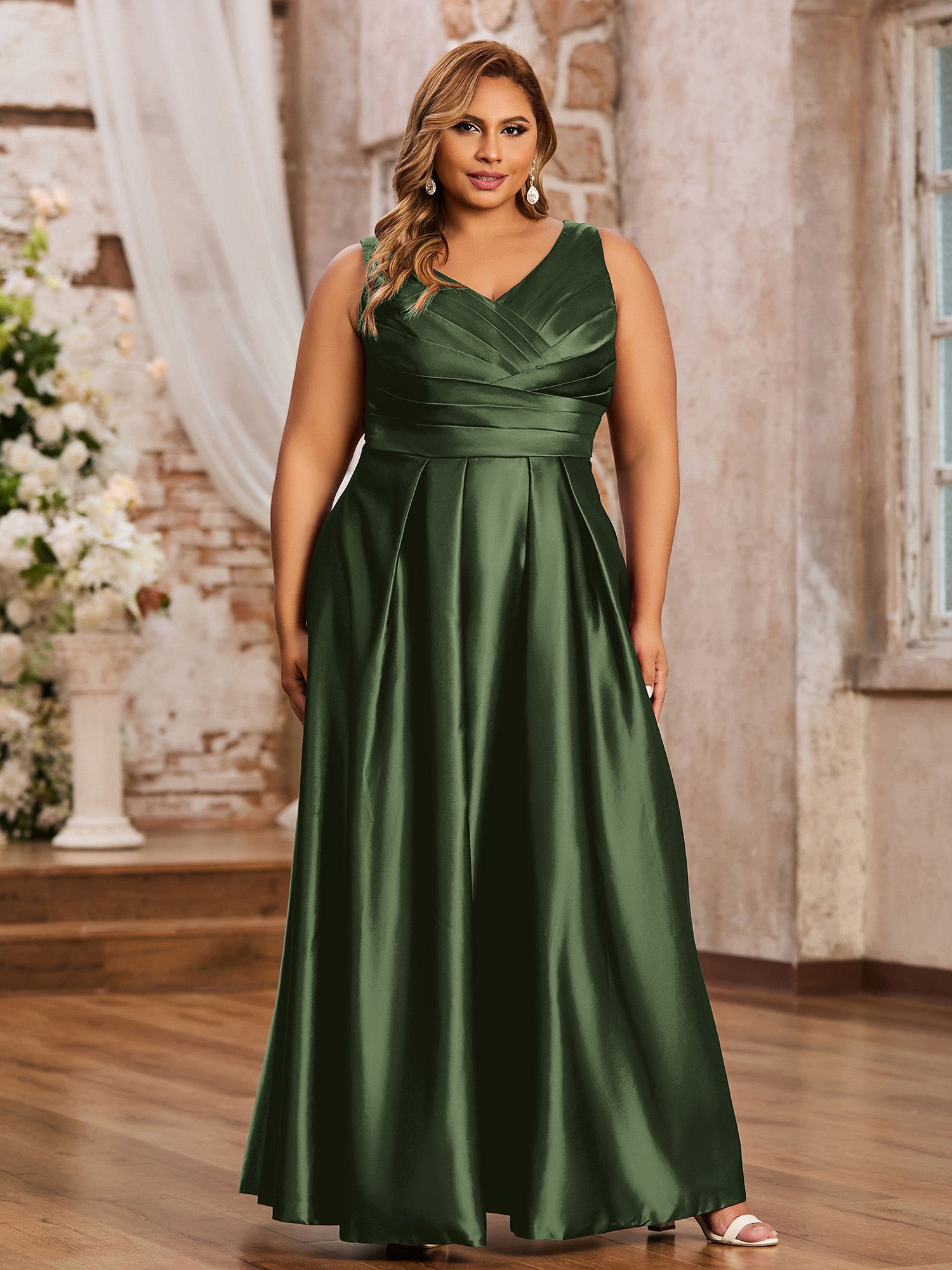 Open Back Long Satin Gown with V-neck-Olive Green