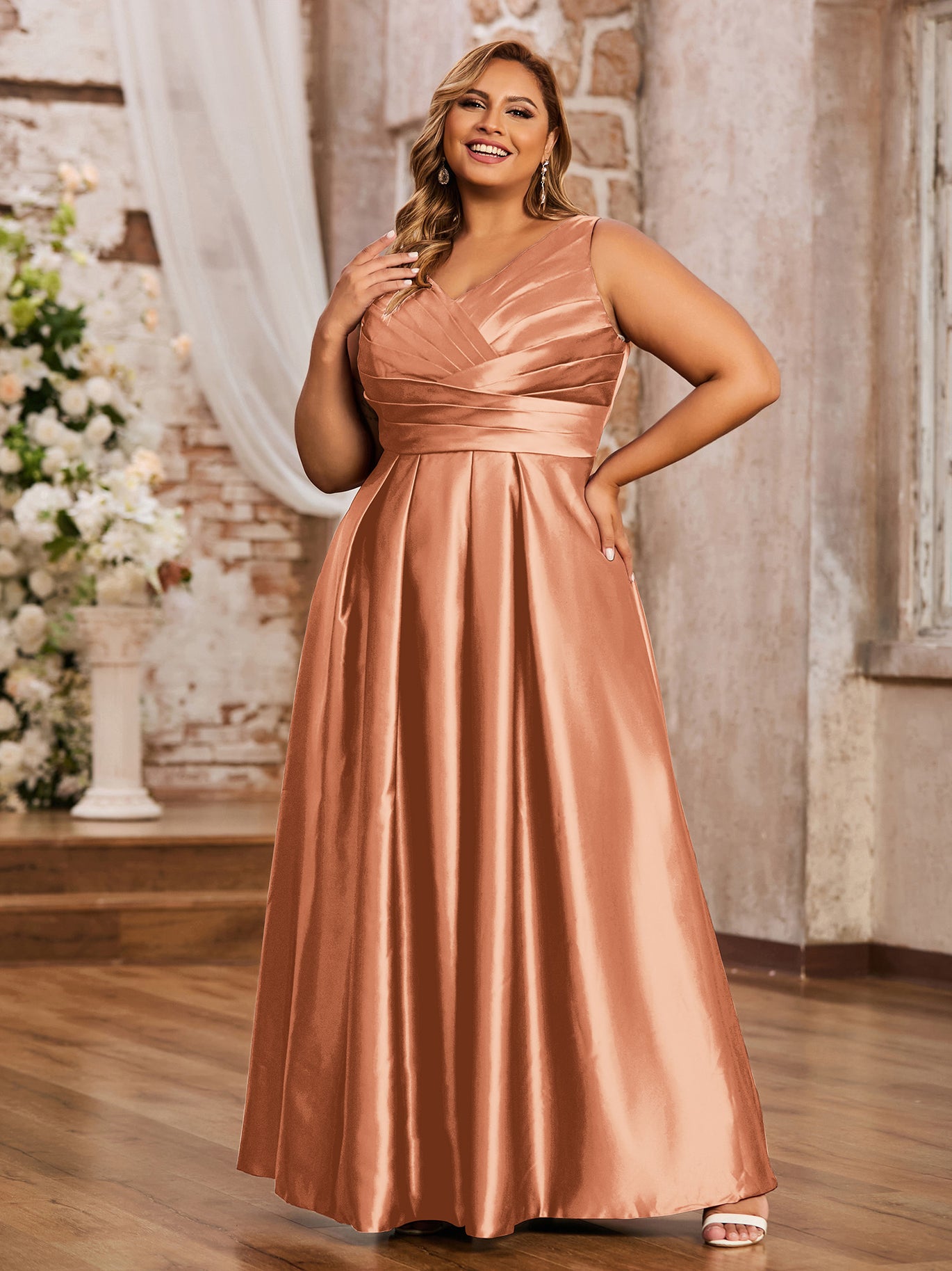 Open Back Long Satin Gown with V-neck-Papaya - Papaya / US0 Open Back Long Satin Gown with V-neck-Papaya - Papaya / US0