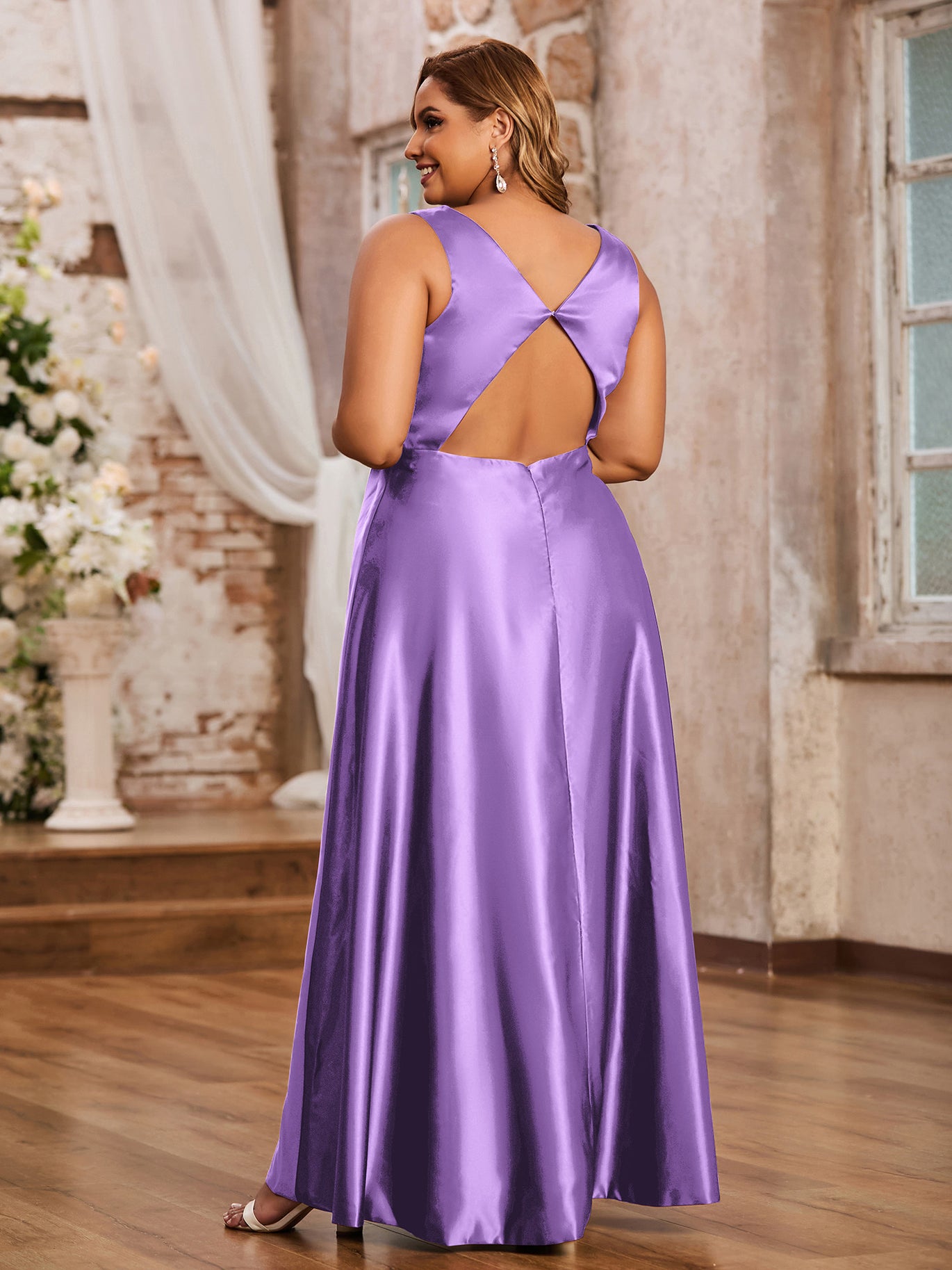 tahiti color bridesmaid dress BABARONI Satin Tahiti Bridesmaid Dresses V-neck Floor-length Backless  Sleeveless Ruffle A-line