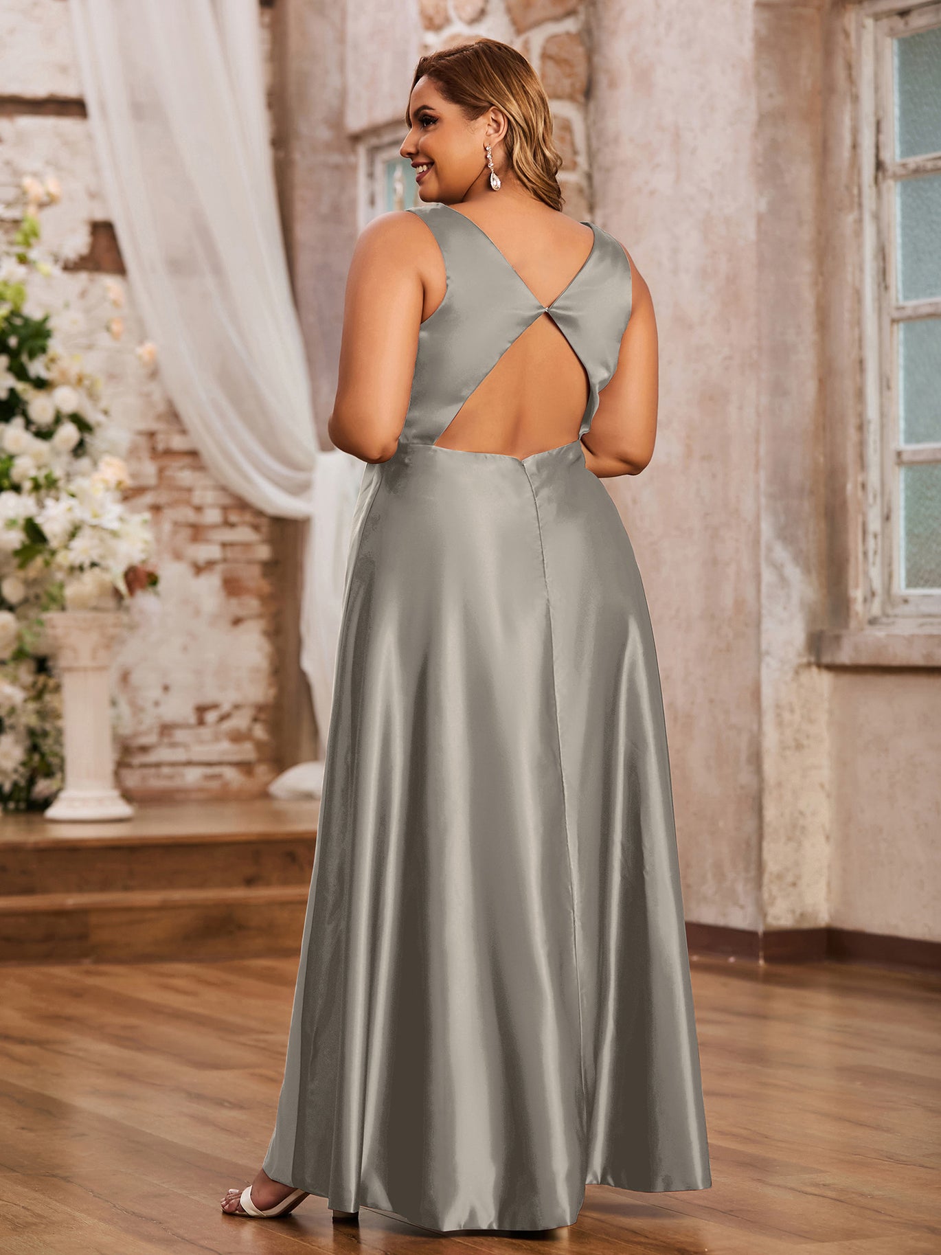 BABARONI Open Back Long Satin Gown with V-neck-Taupe Plus Size, Taupe / US18 BABARONI Open Back Long Satin Gown with V-neck-Taupe Plus Size, Taupe / US18