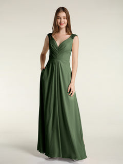 Lace Straps V-neck Chiffon Dresses with Pockets-Olive Green