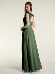 Lace Straps V-neck Chiffon Dresses with Pockets-Olive Green Plus Size