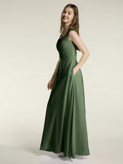 Lace Straps V-neck Chiffon Dresses with Pockets-Olive Green Plus Size