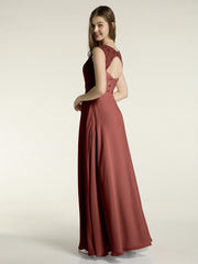 Lace Straps V-neck Chiffon Dresses with Pockets-Terracotta Plus Size