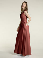 Lace Straps V-neck Chiffon Dresses with Pockets-Terracotta Plus Size