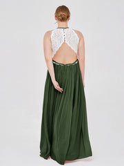Halter Maxi Dress with Ivory Lace Bodice-Olive Green