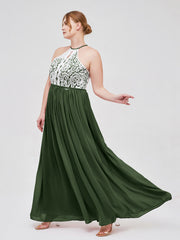 Halter Maxi Dress with Ivory Lace Bodice-Olive Green