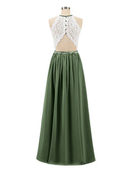 Halter Maxi Dress with Ivory Lace Bodice-Olive Green
