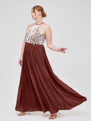 Halter Maxi Dress with Ivory Lace Bodice-Terracotta