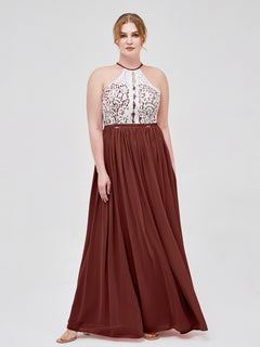 Halter Maxi Dress with Ivory Lace Bodice-Terracotta