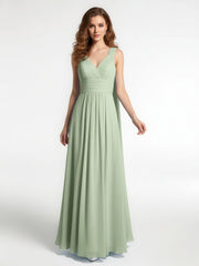 V-neck Chiffon Gown with Streamer at Back Strap-Dusty Sage Plus Size