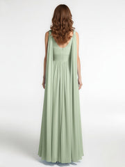 V-neck Chiffon Gown with Streamer at Back Strap-Dusty Sage Plus Size