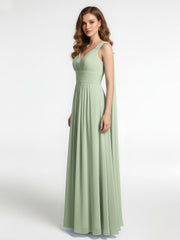 V-neck Chiffon Gown with Streamer at Back Strap-Dusty Sage Plus Size